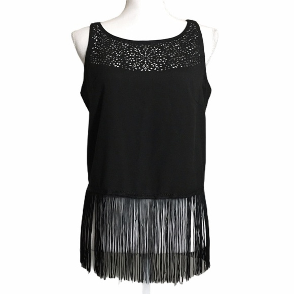 Cotton Express fringed black tank top. Medium